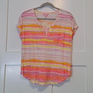 Lilly Pulitzer Duval Linen V Neck Striped Top Medium Pink Pout Main Squeeze